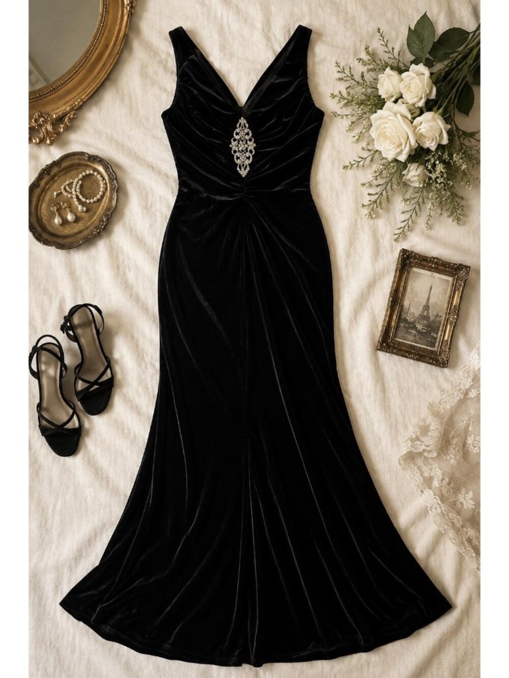 Vintage Onyx Nite Black Velvet Gown Size 6 | Rhinestone Formal Dress